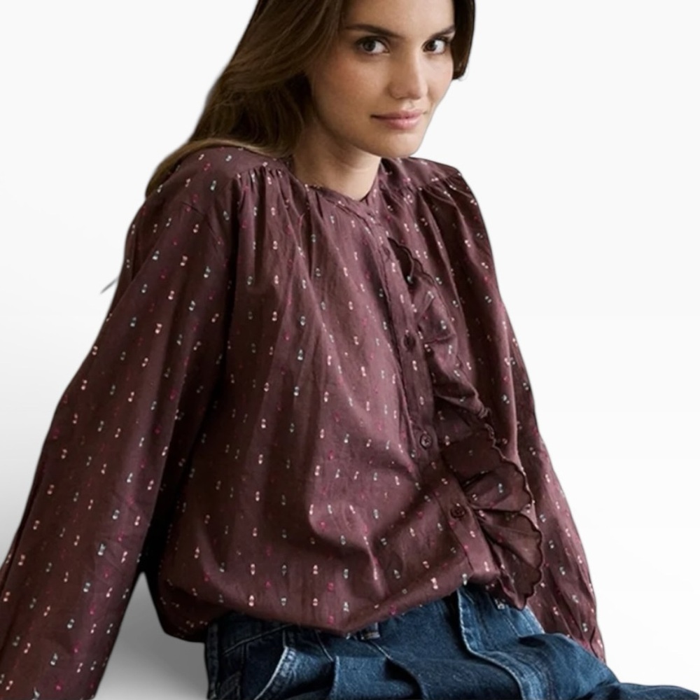 New An’ge Sylvana Ruffle Blouse In Burgundy Multi Print Metallic Thread M/L